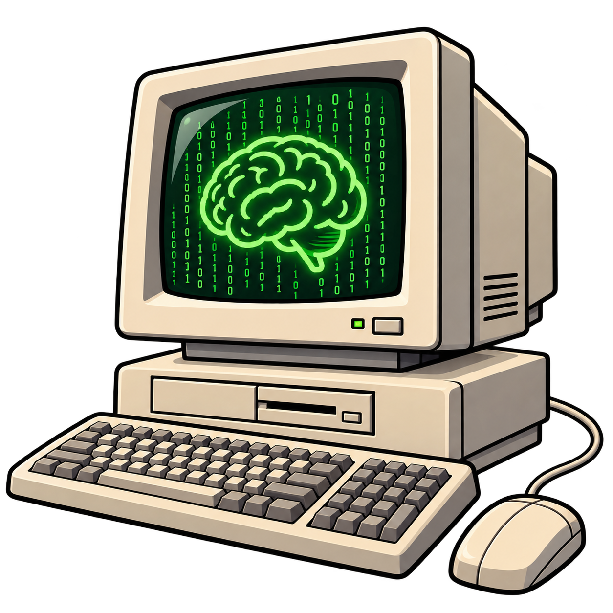 Vintage white CRT computer displaying a glowing matrix-style human brain, with a connected keyboard and mouse